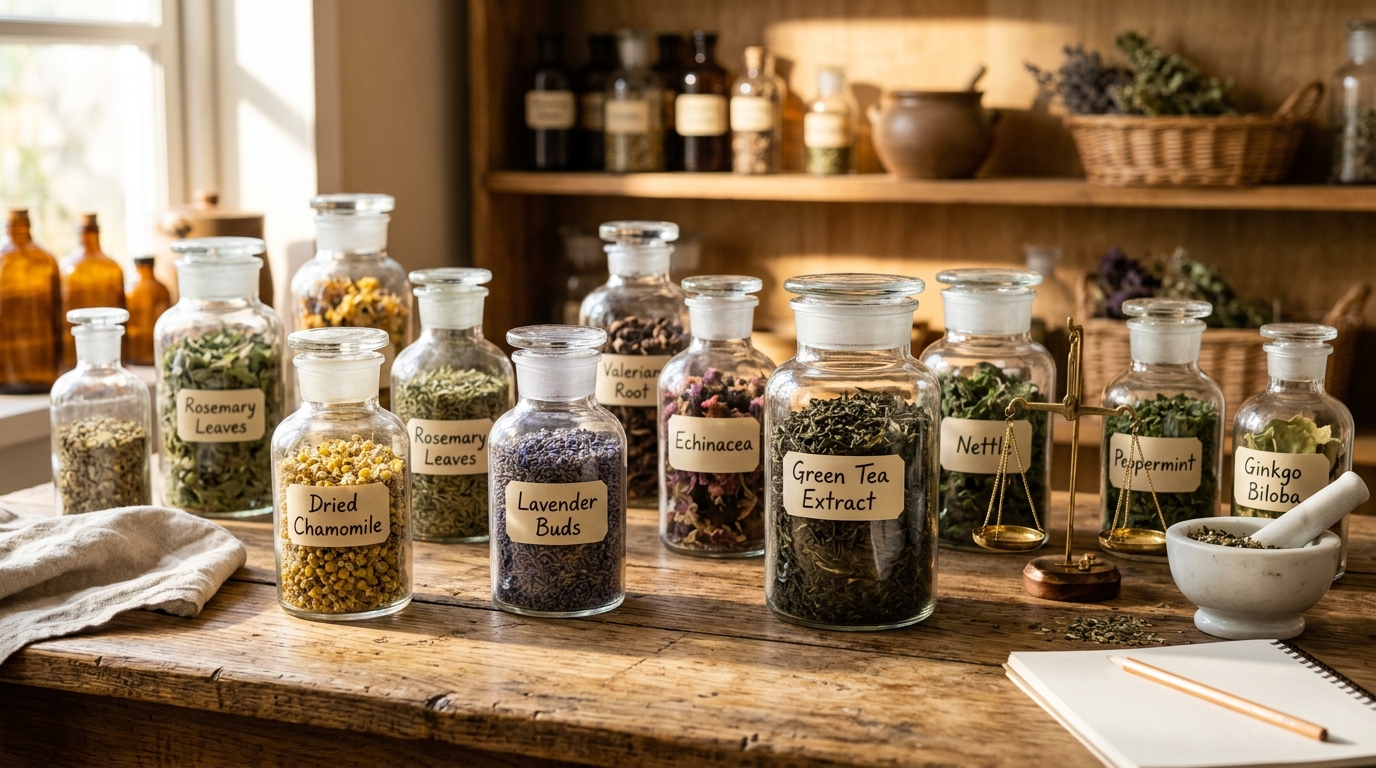 natural herbal laboratory with glass jars containing dried flowers, leaves, roots, and green tea extracts, warm sunlight casting soft shadows on a rustic wooden surface